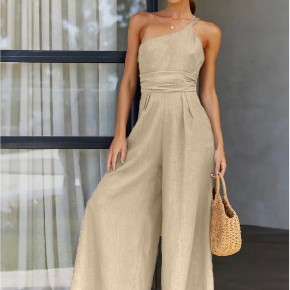 Elegant Beige Khaki One-Shoulder Jumpsuit